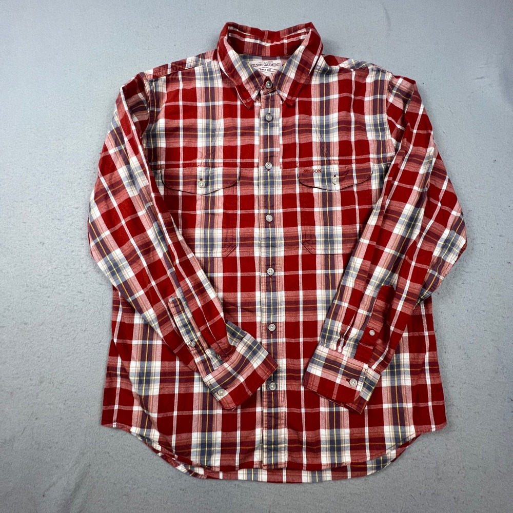 Filson Plaid Button Down Shirt Mens Large Red Long Sleeve Cotton Workwear Shirt